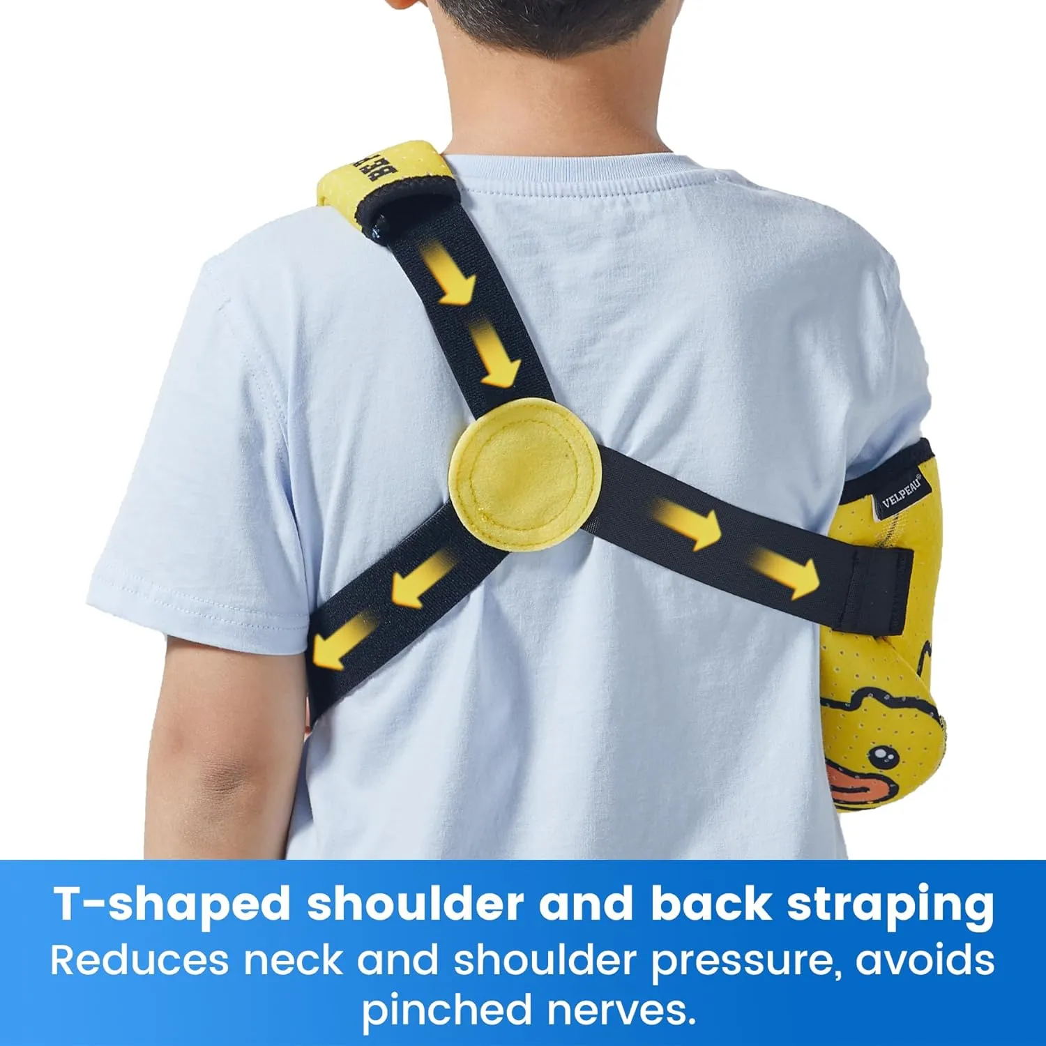 Velpeau Kids Arm Sling Shoulder Immobilizer with Waist Strap, Sponge Filled Design, Arm Support Brace for Children, Boys, Girls (Comfort Version, Duck Print, Right, 2XS: Bust 19″-23.5″)