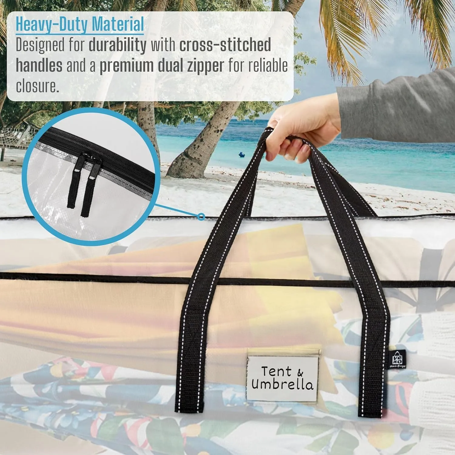 VENO Extra Large Clear Storage Bag - Fits 5Ft Rug, 9 Ft Artificial Christmas Trees, Camping Tent, Beach Umbrella, Folding Chairs, Heavy Duty Bags with Zipper, Durable Handles, and Labeling Card Slot