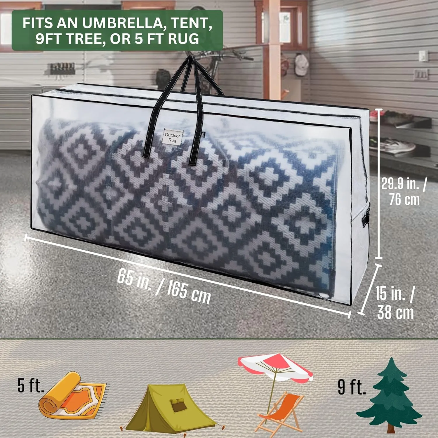 VENO Extra Large Clear Storage Bag - Fits 5Ft Rug, 9 Ft Artificial Christmas Trees, Camping Tent, Beach Umbrella, Folding Chairs, Heavy Duty Bags with Zipper, Durable Handles, and Labeling Card Slot