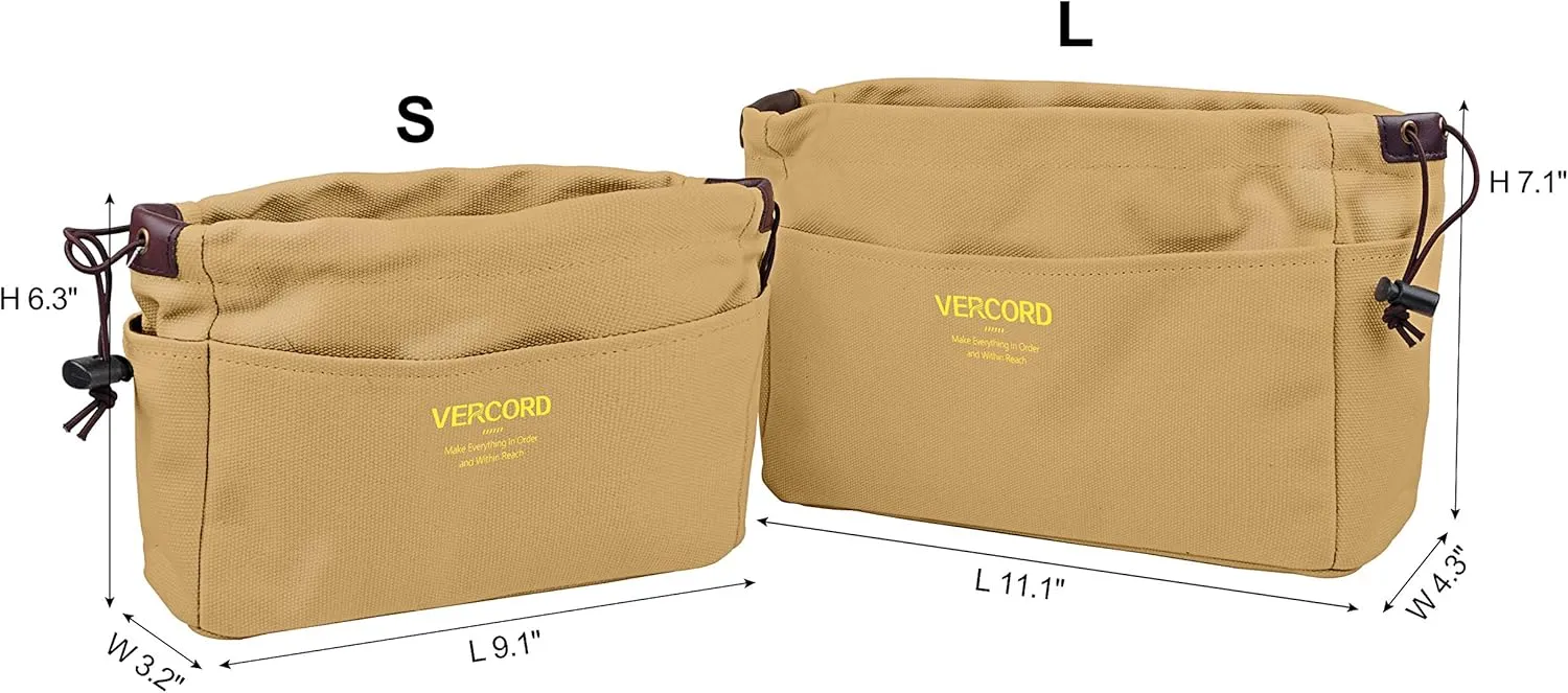 Vercord Canvas Handbag Organizers, Sturdy Purse Insert Organizer Bag in Bag, 10 Pockets Khaki Large