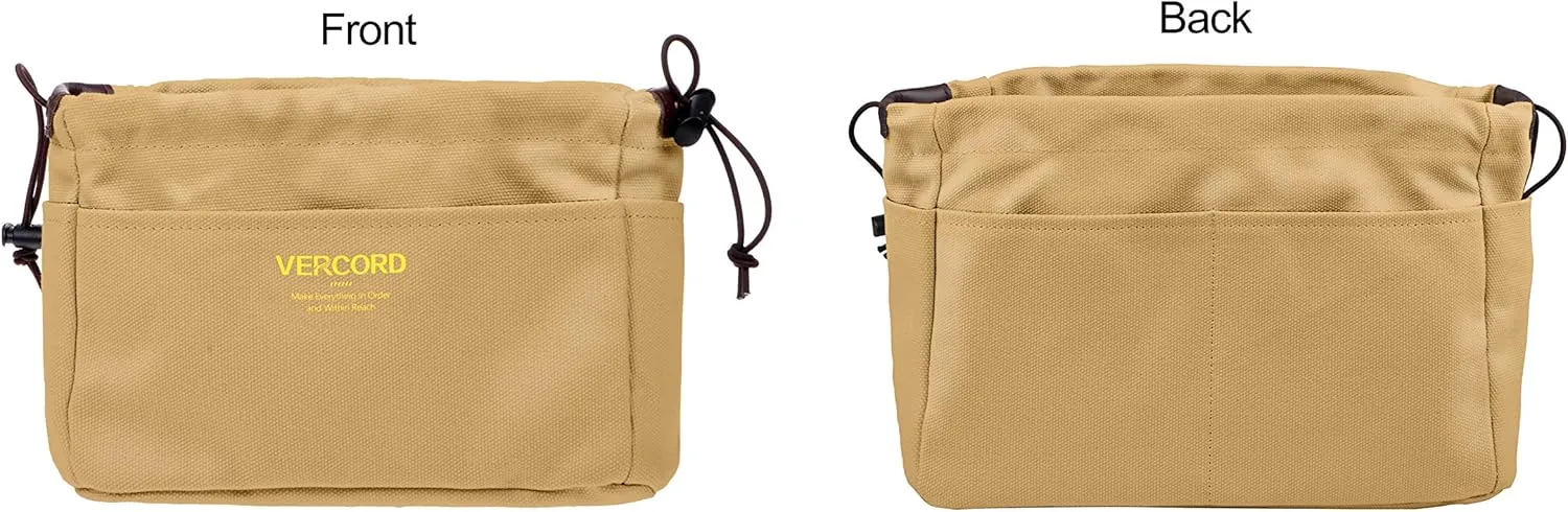 Vercord Canvas Handbag Organizers, Sturdy Purse Insert Organizer Bag in Bag, 10 Pockets Khaki Large