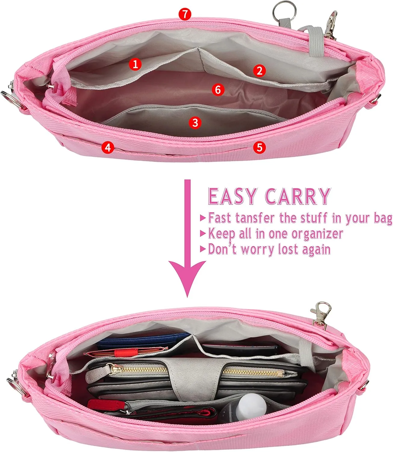 Vercord Expandable Nylon Handbag Purse Organizer Insert Liner Shaper Bag in Bag Rose Large