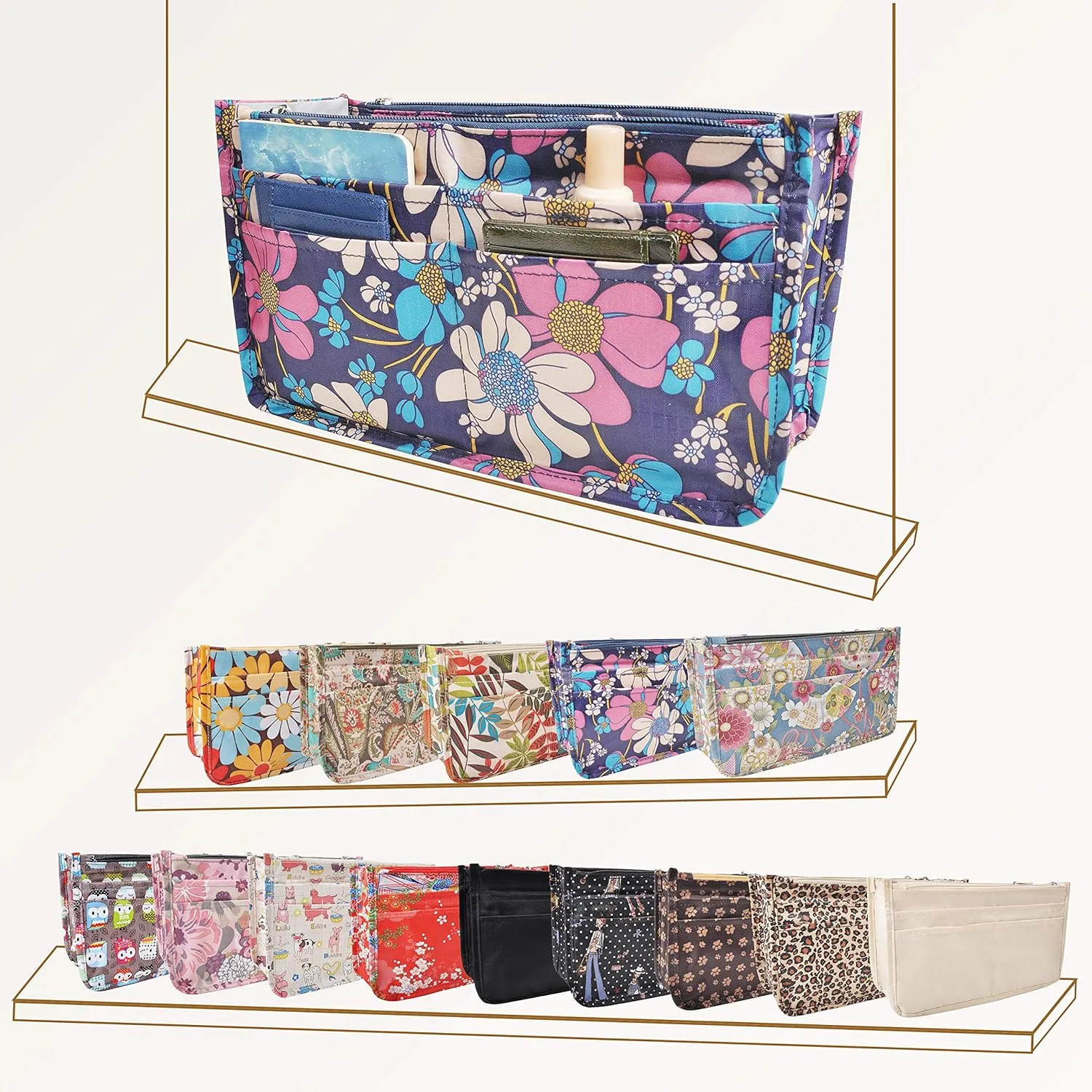 Vercord Patterned Purse Handbag Tote Pocketbook Bag Organizer Insert with Zipper Handle for Women Medium Flowers