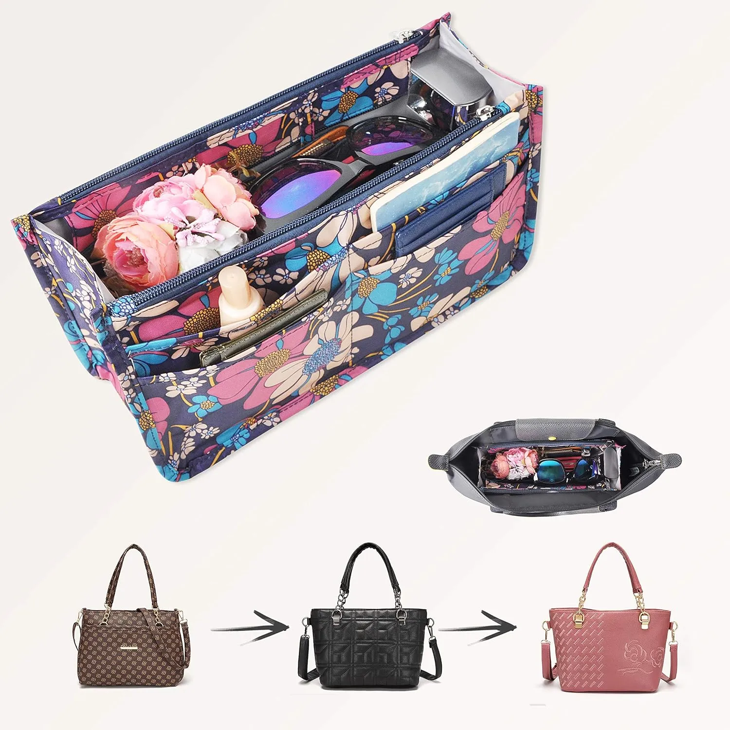 Vercord Patterned Purse Handbag Tote Pocketbook Bag Organizer Insert with Zipper Handle for Women Medium Flowers