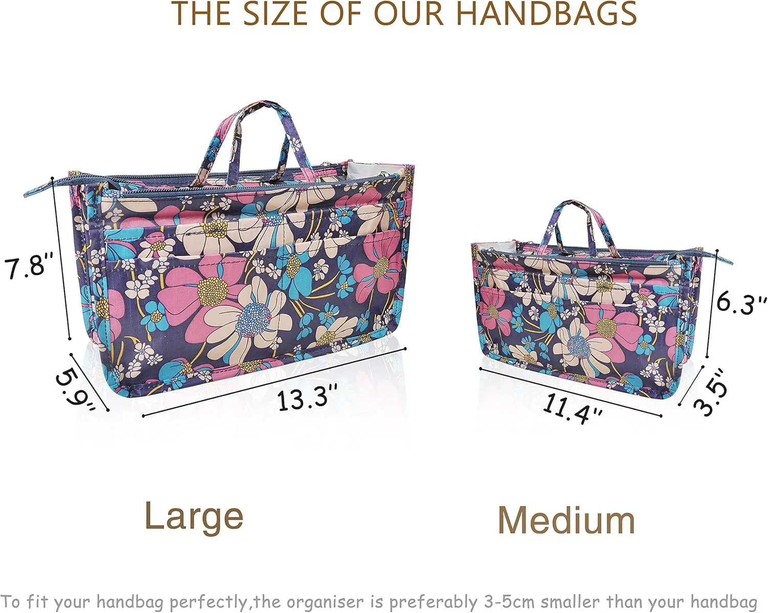 Vercord Patterned Purse Handbag Tote Pocketbook Bag Organizer Insert with Zipper Handle for Women Medium Flowers