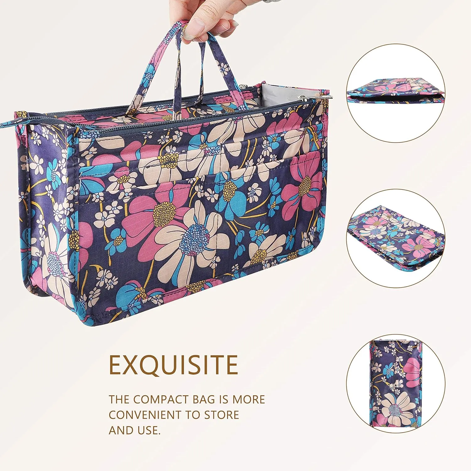 Vercord Patterned Purse Handbag Tote Pocketbook Bag Organizer Insert with Zipper Handle for Women Medium Flowers