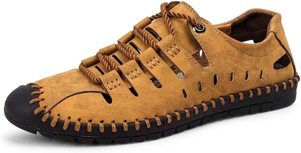 Veslexth Men's Breathable Adjustable Closed Toe Sandals Leather Athletic Outdoor Driving Fisherman for Summer Hiking Sports Business Walking Work Shoes