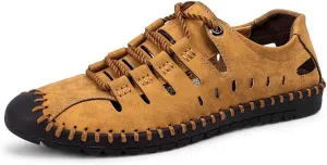 Veslexth Men's Breathable Adjustable Closed Toe Sandals Leather Athletic Outdoor Driving Fisherman for Summer Hiking Sports Business Walking Work Shoes
