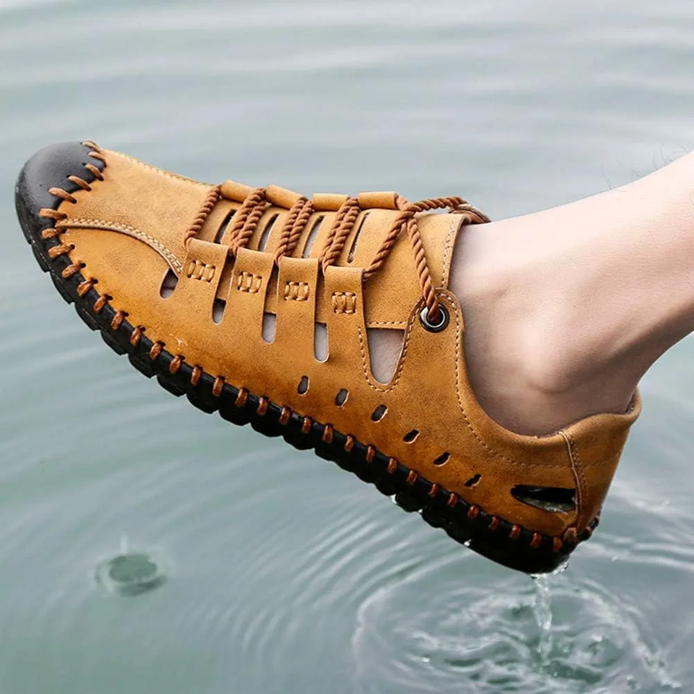 Veslexth Men's Breathable Adjustable Closed Toe Sandals Leather Athletic Outdoor Driving Fisherman for Summer Hiking Sports Business Walking Work Shoes