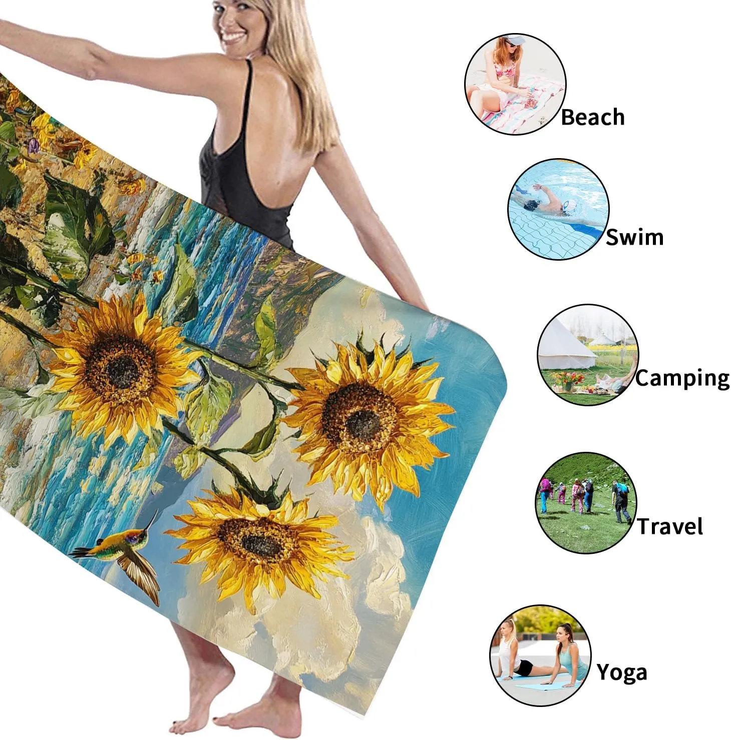 Vibrant Sunflower Microfiber Beach Towel Extra Large Colorful Floral Design, Quick Dry Absorbent Sand Free Lightweight Beach Blanket, Outdoor Travel Pool Picnic Essentials 62x31 Inch