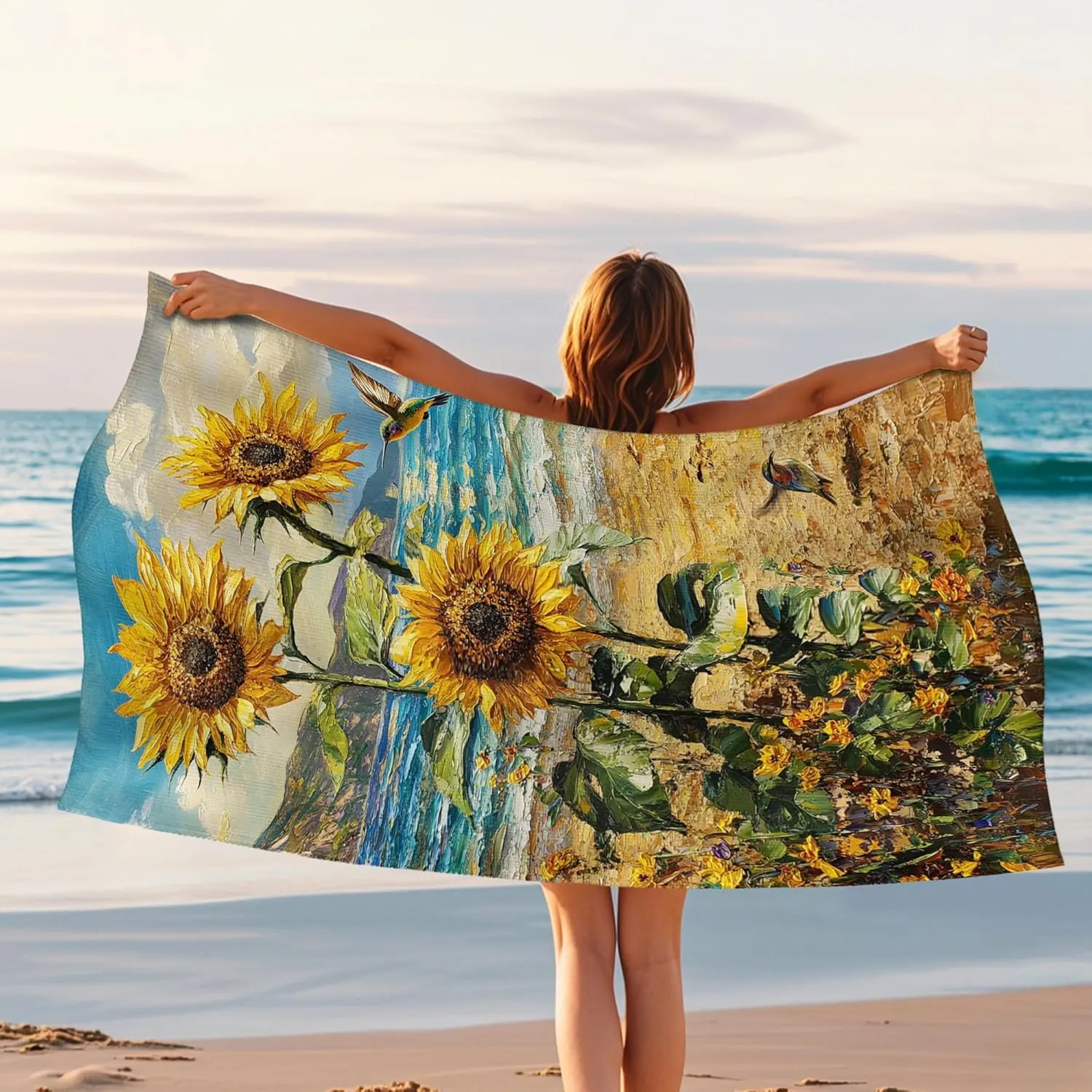 Vibrant Sunflower Microfiber Beach Towel Extra Large Colorful Floral Design, Quick Dry Absorbent Sand Free Lightweight Beach Blanket, Outdoor Travel Pool Picnic Essentials 62x31 Inch