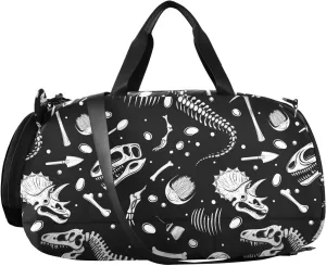 VIGTRO Black White Dinosaur Bones Kids Overnight Travel Duffel Bag Sport Gym Bag for Boys Girls with Shoe Compartment, Carry On Weekender Luggage Bag for Dance Swim Yoga