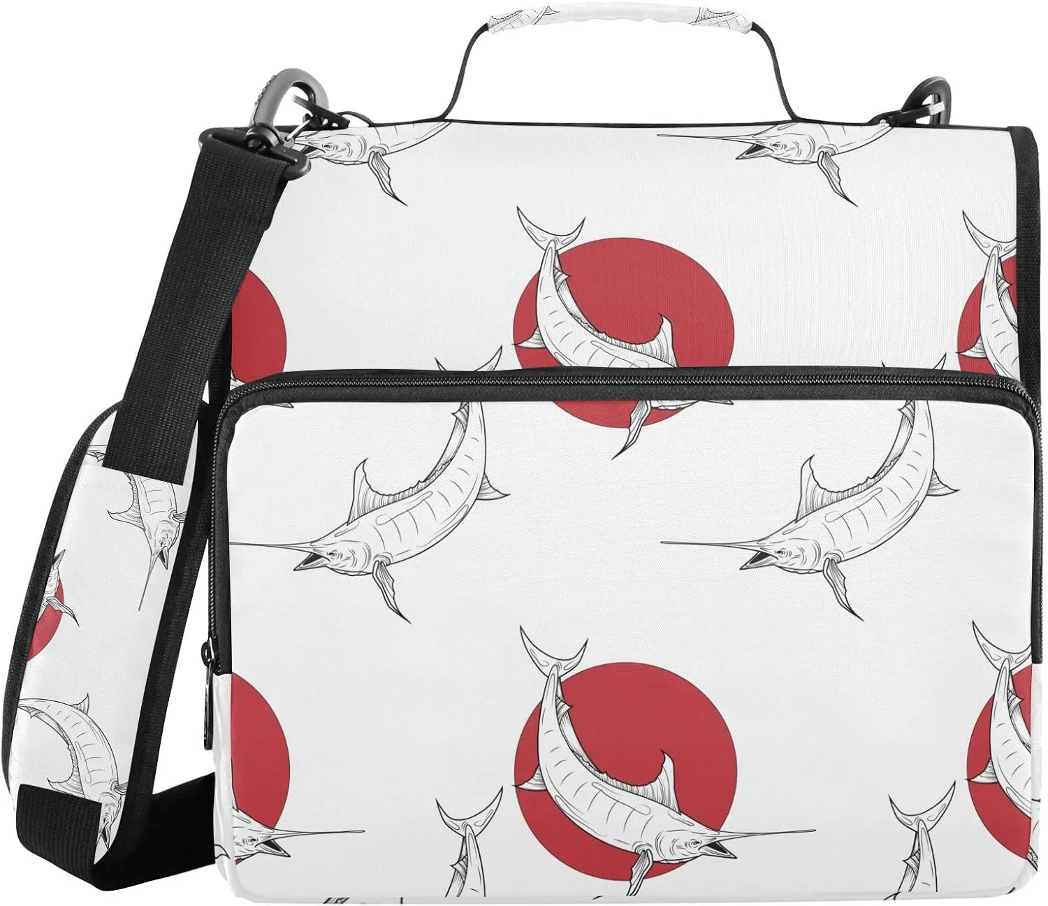 VIGTRO Black White Swordfish 1.5 Inch 3 Ring Case Zipper Binder Organizer Bag with Shoulder Strap and Handle Multi-Pocket File Folder for Office Supplies