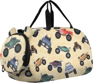 VIGTRO Cartoon Monster Trucks Pattern Kids Overnight Travel Duffel Bag Sport Gym Bag for Boys Girls with Shoe Compartment, Carry On Weekender Luggage Bag for Dance Swim Yoga