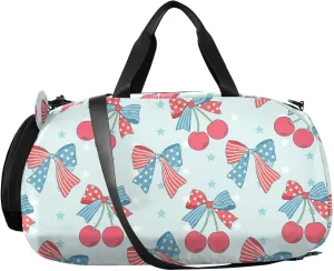 VIGTRO Cherry Ribbon American Independence Day Kids Overnight Travel Duffel Bag Sport Gym Bag for Boys Girls with Shoe Compartment, Carry On Weekender Luggage Bag for Dance Swim Yoga