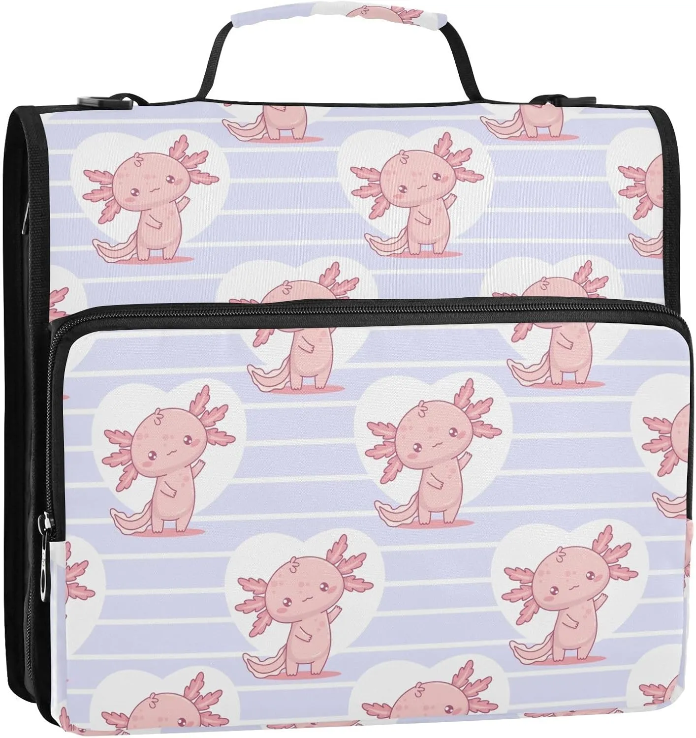 VIGTRO Cute Pink Axolotl Heart 1.5 Inch 3 Ring Case Zipper Binder Organizer Bag with Shoulder Strap and Handle Multi-Pocket File Folder for Office Supplies