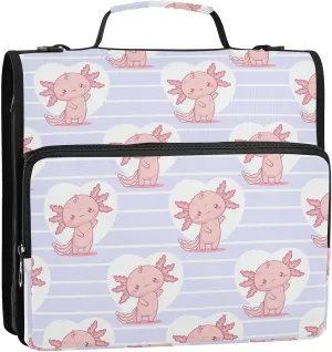 VIGTRO Cute Pink Axolotl Heart 1.5 Inch 3 Ring Case Zipper Binder Organizer Bag with Shoulder Strap and Handle Multi-Pocket File Folder for Office Supplies
