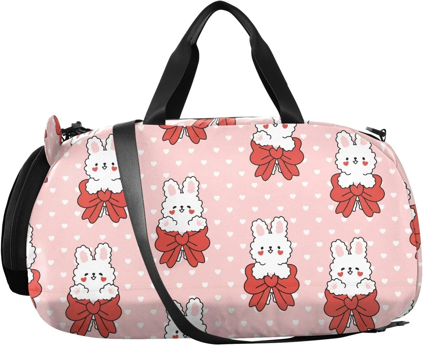 VIGTRO Cute Rabbit Red Heart Bow Kids Overnight Travel Duffel Bag Sport Gym Bag for Boys Girls with Shoe Compartment, Carry On Weekender Luggage Bag for Dance Swim Yoga