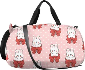 VIGTRO Cute Rabbit Red Heart Bow Kids Overnight Travel Duffel Bag Sport Gym Bag for Boys Girls with Shoe Compartment, Carry On Weekender Luggage Bag for Dance Swim Yoga