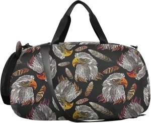VIGTRO Embroidery Head Eagle Feather Kids Overnight Travel Duffel Bag Sport Gym Bag for Boys Girls with Shoe Compartment, Carry On Weekender Luggage Bag for Dance Swim Yoga