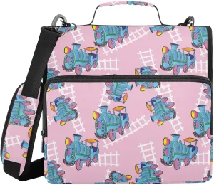 VIGTRO Engine Train Pink Background 1.5 Inch 3 Ring Case Zipper Binder Organizer Bag with Shoulder Strap and Handle Multi-Pocket File Folder for Office Supplies