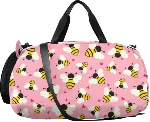 VIGTRO Flying Bees with Hearts Kids Overnight Travel Duffel Bag Sport Gym Bag for Boys Girls with Shoe Compartment, Cartoon Carry On Weekender Luggage Bag for Dance Swim Yoga