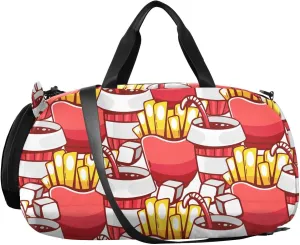 VIGTRO French Fries Drink Hamburgers Kids Overnight Travel Duffel Bag Sport Gym Bag for Boys Girls with Shoe Compartment, Cartoon Style Carry On Weekender Luggage Bag for Dance Swim Yoga