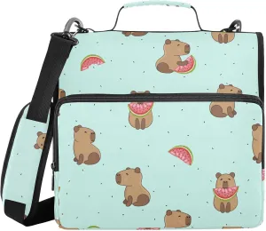 VIGTRO Funny Capybaras Eating Watermelon 1.5 Inch 3 Ring Case Zipper Binder Organizer with Shoulder Strap and Handle Multi-Pocket File Folder for Office Supplies
