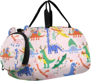 VIGTRO Funny Cartoon Dinosaurs Kids Overnight Travel Duffel Bag Sport Gym Bag for Boys Girls with Shoe Compartment, Christmas Carry On Weekender Luggage Bag for Dance Swim Yoga