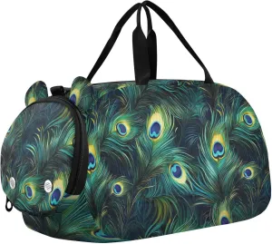 VIGTRO Green Peacock Feathers Kids Overnight Travel Duffel Bag Sport Gym Bag for Boys Girls with Shoe Compartment, Carry On Weekender Luggage Bag for Dance Swim Yoga