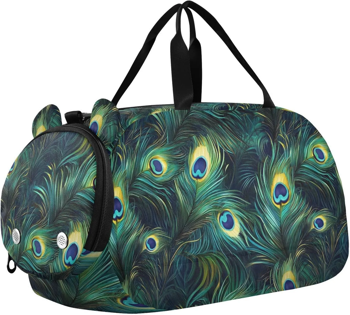 VIGTRO Green Peacock Feathers Kids Overnight Travel Duffel Bag Sport Gym Bag for Boys Girls with Shoe Compartment, Carry On Weekender Luggage Bag for Dance Swim Yoga