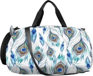 VIGTRO Peacock Feather Kids Overnight Travel Duffel Bag Sport Gym Bag for Boys Girls with Shoe Compartment, Carry On Weekender Luggage Bag for Dance Swim Yoga