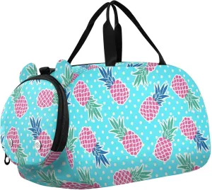 VIGTRO Pineapple Dots Blue Kids Overnight Travel Duffel Bag Sport Gym Bag for Boys Girls with Shoe Compartment, Tropical Fruit Carry On Weekender Luggage Bag for Dance Swim Yoga