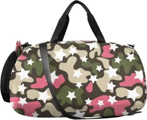 VIGTRO Pink Camouflage Stars Pattern Kids Overnight Travel Duffel Bag Sport Gym Bag for Boys Girls with Shoe Compartment, Carry On Weekender Luggage Bag for Dance Swim Yoga