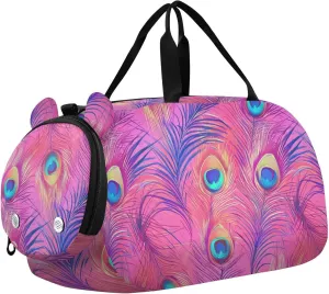 VIGTRO Pink Peacock Feathers Kids Overnight Travel Duffel Bag Sport Gym Bag for Boys Girls with Shoe Compartment, Carry On Weekender Luggage Bag for Dance Swim Yoga