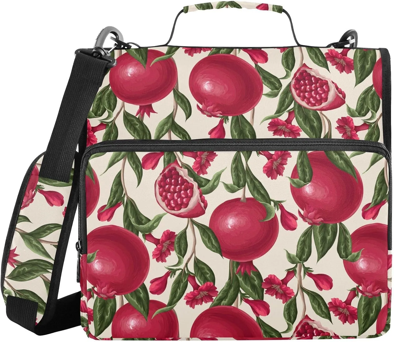 VIGTRO Pomegranates Branches Flowers 3 Ring Zipper Binder 1.5 Inch Binder Organizer Bag with Shoulder Strap and Handle File Folder for Office Work 500 Sheet Capacity