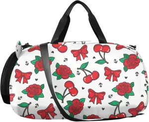 VIGTRO Roses Cherries Bows Boys Girls Sports Travel Duffel Bags with Shoes Compartment, Stylish Weekender Overnight Gym Bag for Swimming, Dancing, Outing
