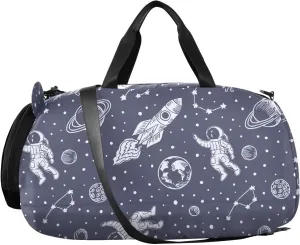 VIGTRO Space Rocket Astronaut Pattern Kids Overnight Travel Duffel Bag Sport Gym Bag for Boys Girls with Shoe Compartment, Carry On Weekender Luggage Bag for Dance Swim Yoga