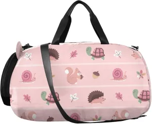 VIGTRO Squirrels Snails Hedgehogs Kids Overnight Travel Duffel Bag Sport Gym Bag for Boys Girls with Shoe Compartment, Pink Background Carry On Weekender Luggage Bag for Dance Swim Yoga