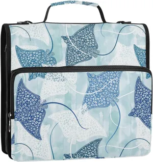 VIGTRO Stingrays on Blue Watercolor 1.5 Inch 3 Ring Case Zipper Binder Organizer Bag with Shoulder Strap and Handle Multi-Pocket File Folder for Office Supplies