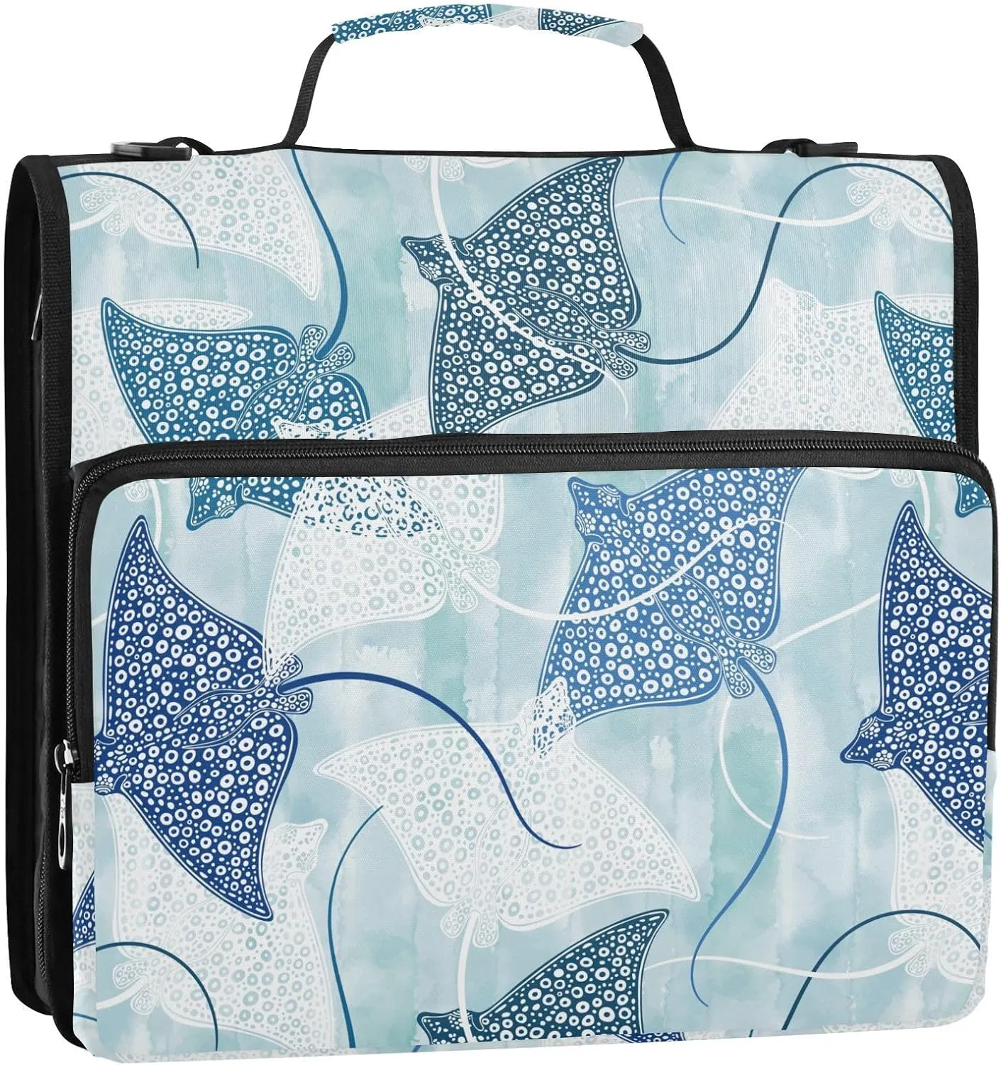 VIGTRO Stingrays on Blue Watercolor 1.5 Inch 3 Ring Case Zipper Binder Organizer Bag with Shoulder Strap and Handle Multi-Pocket File Folder for Office Supplies