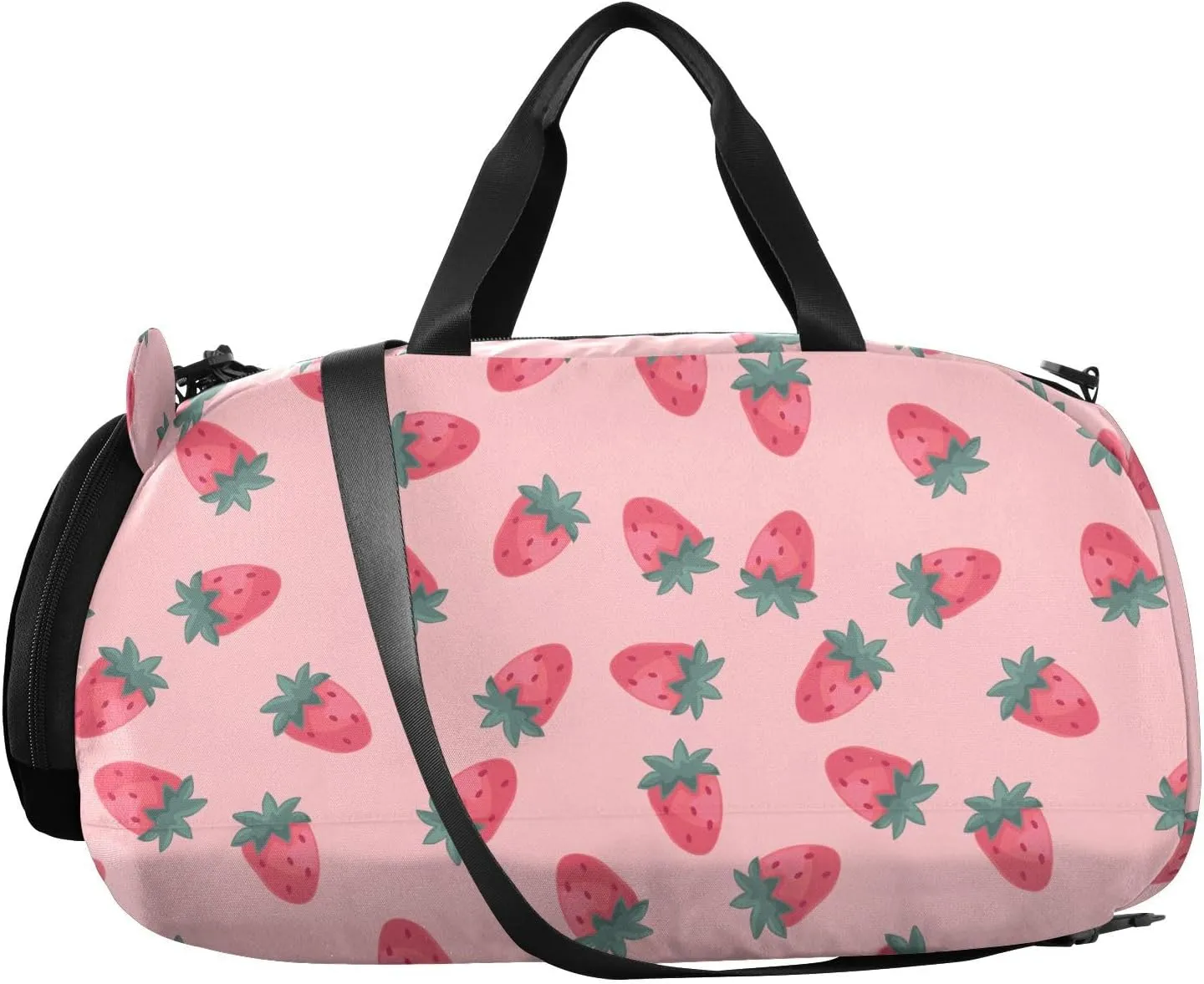 VIGTRO Strawberries on Pink Background Kids Overnight Travel Duffel Bag Sport Gym Bag for Boys Girls with Shoe Compartment, Carry On Weekender Luggage Bag for Dance Swim Yoga