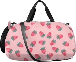 VIGTRO Strawberries on Pink Background Kids Overnight Travel Duffel Bag Sport Gym Bag for Boys Girls with Shoe Compartment, Carry On Weekender Luggage Bag for Dance Swim Yoga