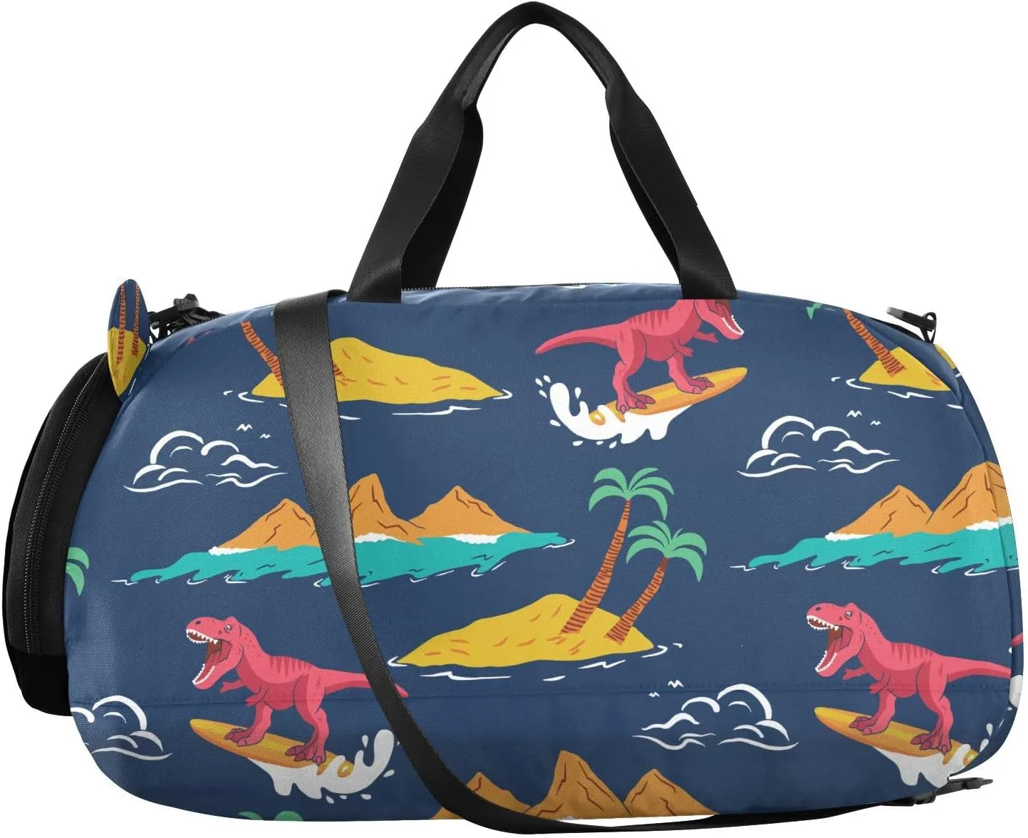 VIGTRO Surfing Dinosaurs Palm Tree Kids Overnight Travel Duffel Bag Sport Gym Bag for Boys Girls with Shoe Compartment, Carry On Weekender Luggage Bag for Dance Swim Yoga