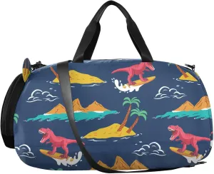 VIGTRO Surfing Dinosaurs Palm Tree Kids Overnight Travel Duffel Bag Sport Gym Bag for Boys Girls with Shoe Compartment, Carry On Weekender Luggage Bag for Dance Swim Yoga