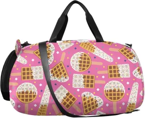VIGTRO Sweet Ice Cream Waffles Boys Girls Sports Travel Duffel Bags with Shoes Compartment, Weekender Overnight Gym Bag for Swimming, Dancing, Outing