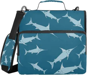 VIGTRO Swordfish Cartoon Pattern 1.5 Inch 3 Ring Case Zipper Binder Organizer Bag with Shoulder Strap and Handle Multi-Pocket File Folder for Office Supplies
