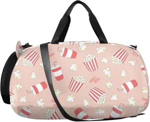 VIGTRO Tasty Popcorn Pattern with Drinks Kids Overnight Travel Duffel Bag Sport Gym Bag for Boys Girls with Shoe Compartment, Carry On Weekender Luggage Bag for Dance Swim Yoga