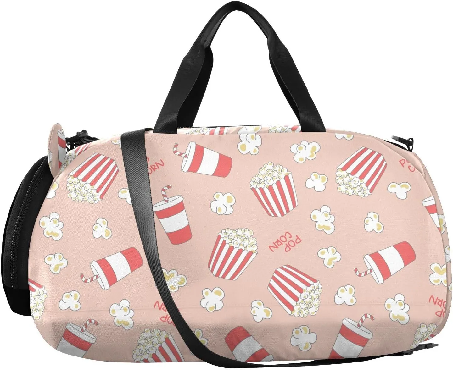 VIGTRO Tasty Popcorn Pattern with Drinks Kids Overnight Travel Duffel Bag Sport Gym Bag for Boys Girls with Shoe Compartment, Carry On Weekender Luggage Bag for Dance Swim Yoga
