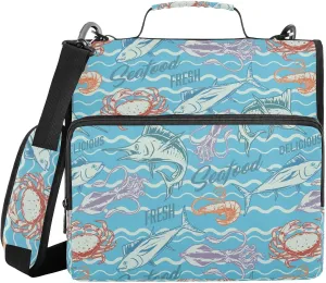 VIGTRO Tuna Fish Squid Shrimp Seafood 1.5 Inch 3 Ring Case Zipper Binder Organizer Bag with Shoulder Strap and Handle Multi-Pocket File Folder for Office Supplies